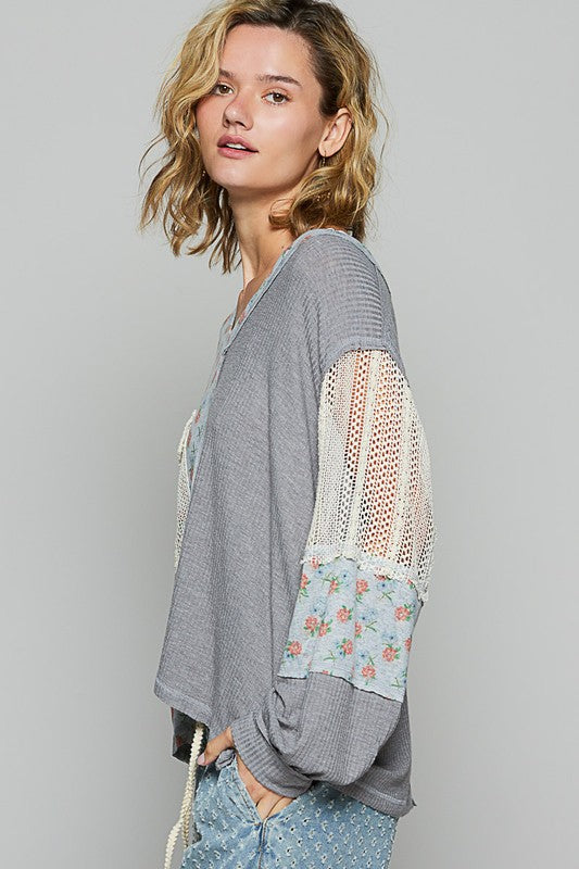 POL Floral Crochet Patch V-Neck Top - Classique Collection