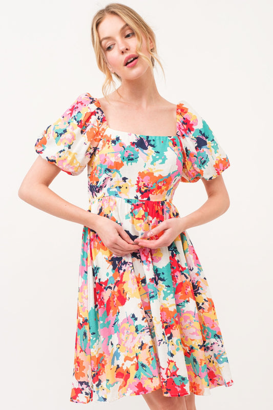 And The Why Square Neck Puff Sleeve Floral Dress - Classique Collection