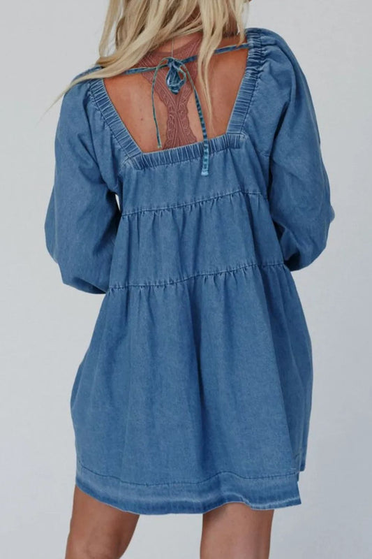 Tied Square Neck Long Sleeve Denim Dress with Pockets - Classique Collection