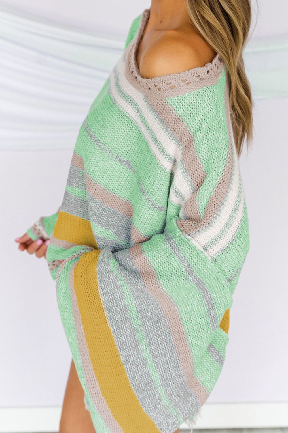 Contrast Striped Boat Neck Dropped Shoulder Sweater - ClassiQ