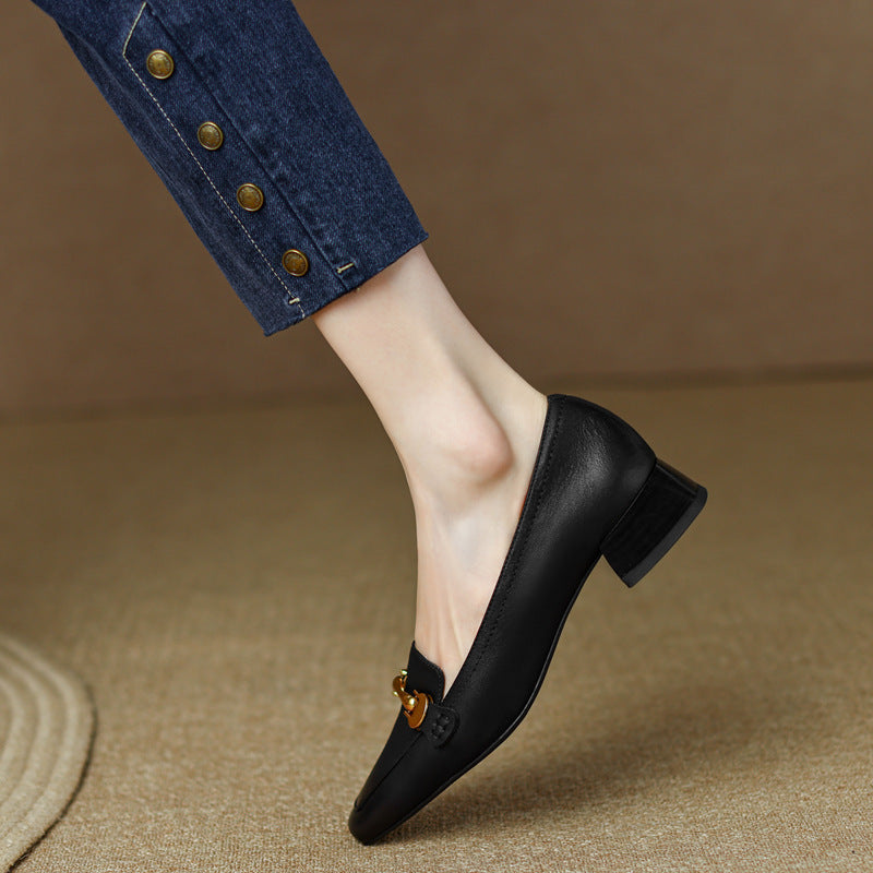 Spring And Autumn New Retro Square Toe Leather Shoes For Women ClassiQ