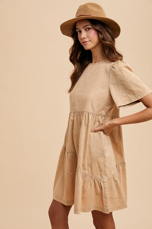 Annie Wear Mineral Washed Round Neck Short Sleeve Denim Dress - ClassiQ