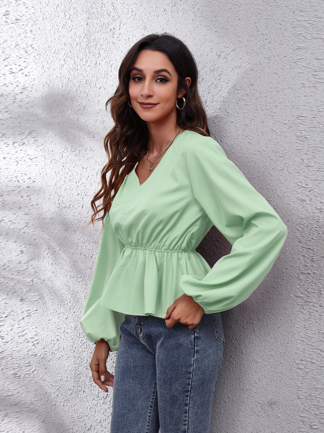 V-Neck Balloon Sleeve Peplum Blouse - Classique Collection
