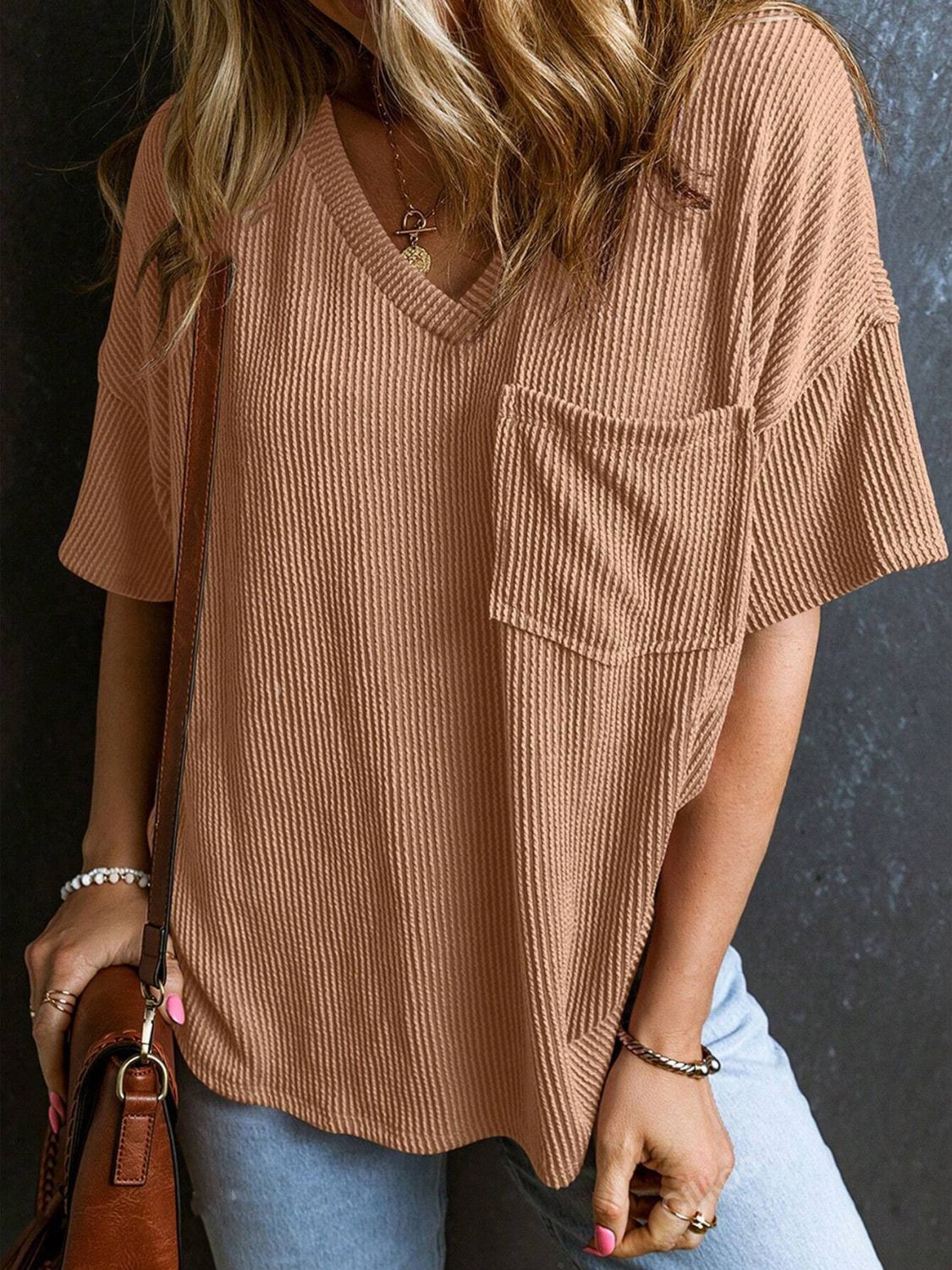Textured V-Neck Half Sleeve T-Shirt - Classique Collection