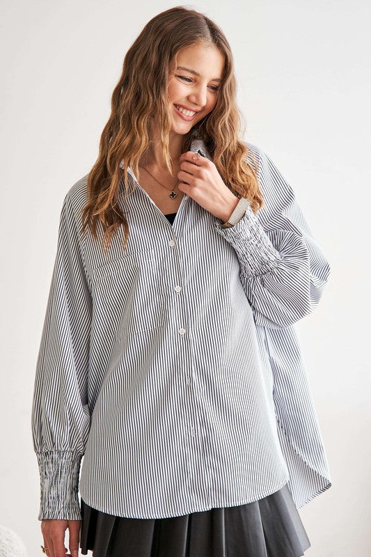 ADORA High-Low Striped Button Down Smocked Lantern Sleeve Shirt - ClassiQ