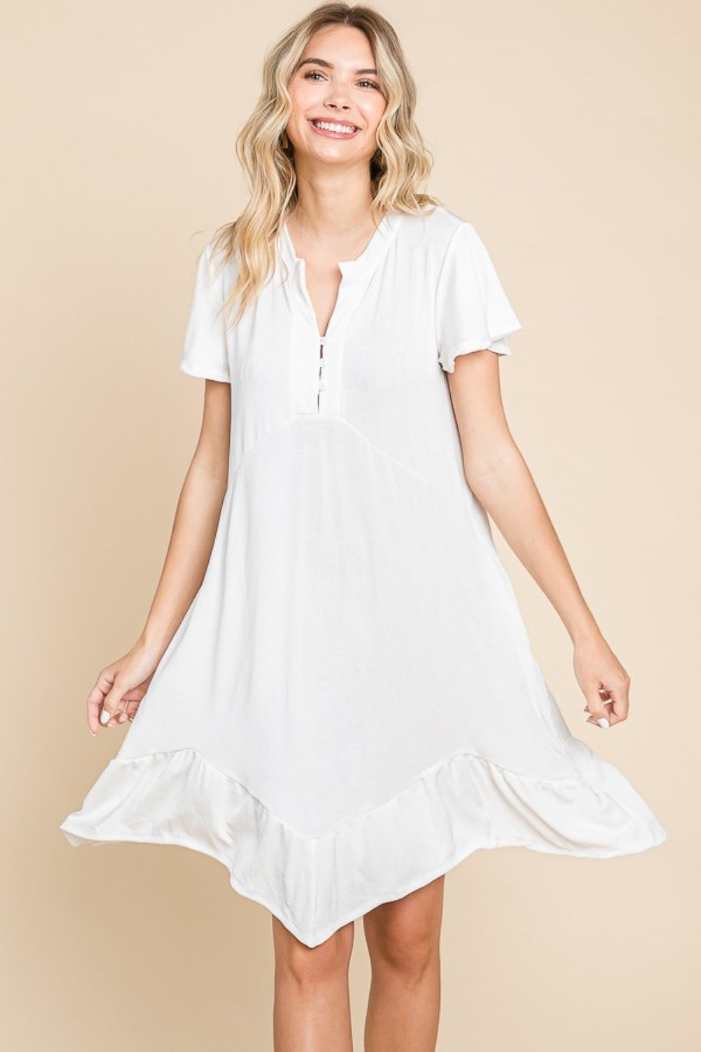 Culture Code Full Size Short Sleeve Ruffled Asymmetric Hem Dress - Classique Collection