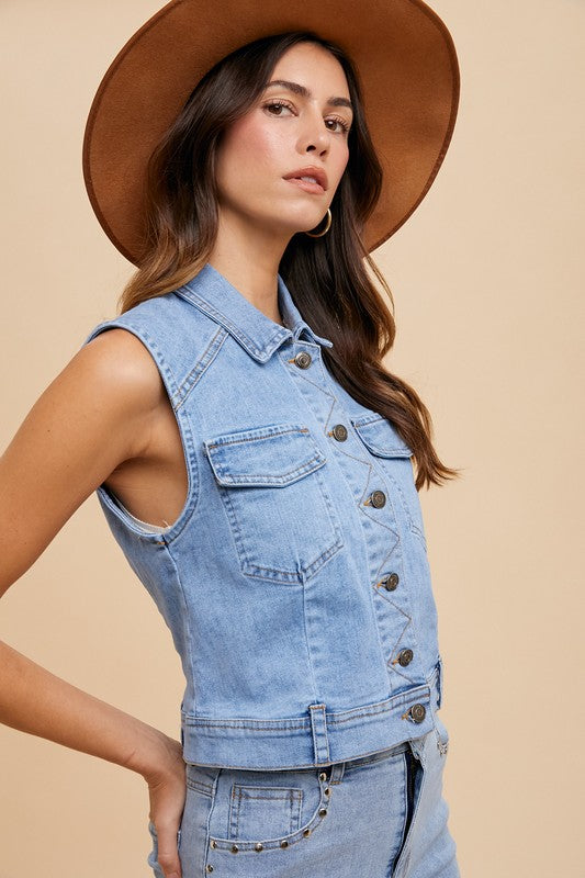 Annie Wear Collared Neck Button Down Denim Vest - ClassiQ