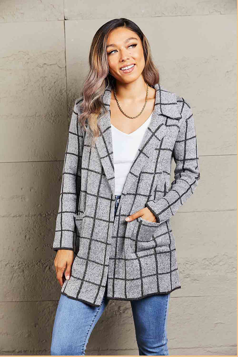 Printed Open Front Lapel Collar Cardigan with Pockets - ClassiQ