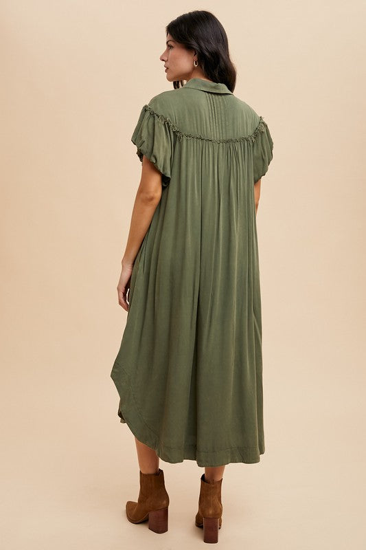 Annie Wear Mineral Washed Button Down Puff Sleeve Shirt Dress - ClassiQ