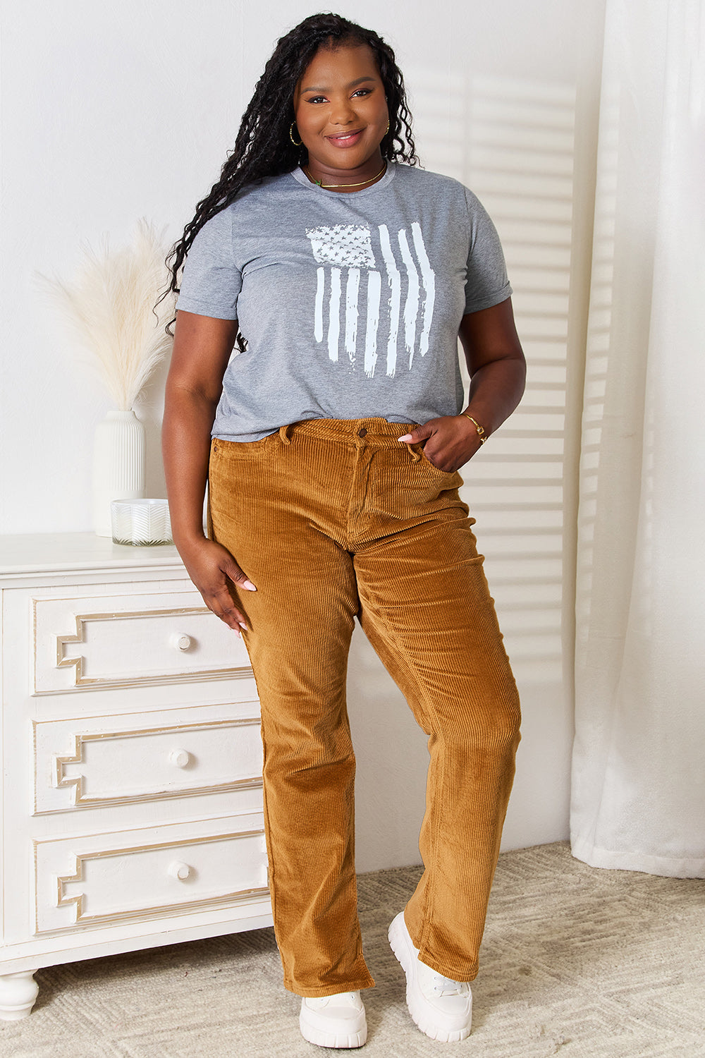 Simply Love US Flag Graphic Cuffed Sleeve T-Shirt - ClassiQ
