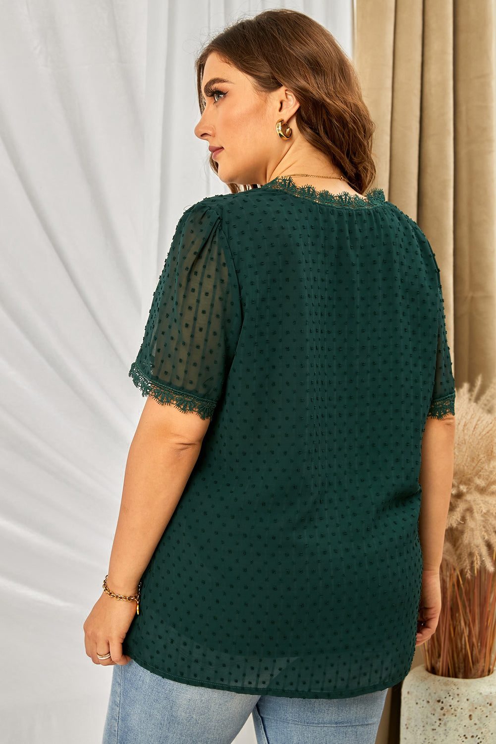 Plus Size Swiss Dot Spliced Lace V-Neck Blouse - Classique Collection