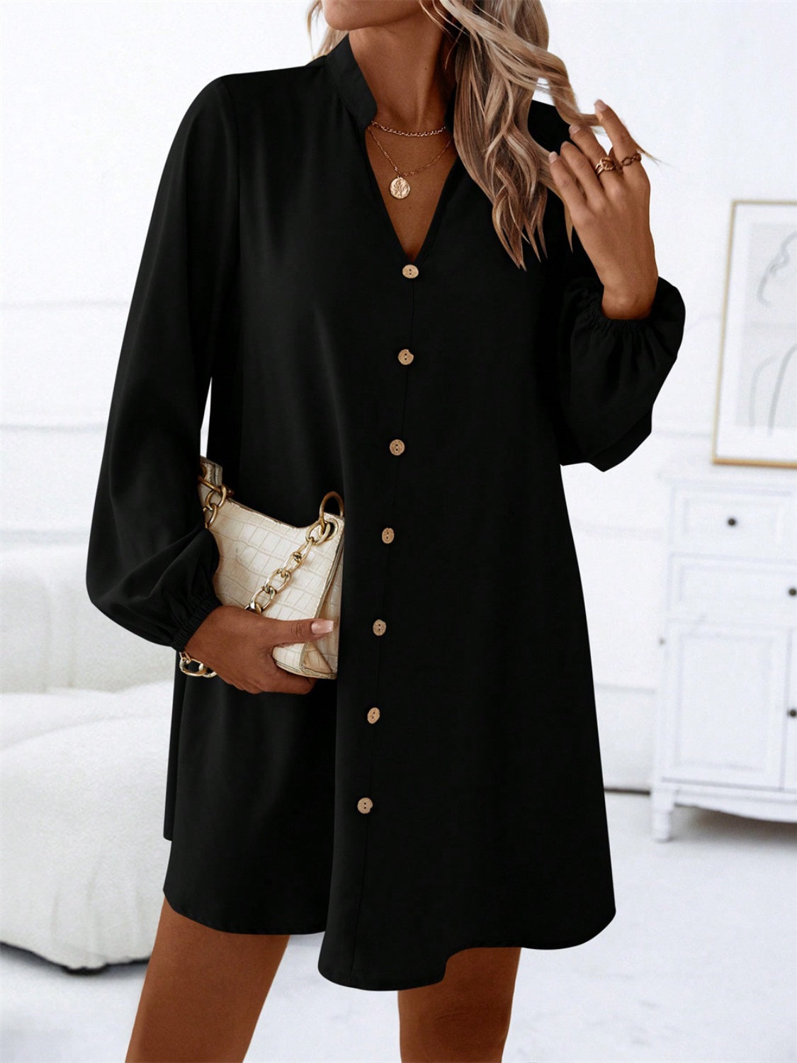 Notched Long Sleeve Mini Dress - Classique Collection