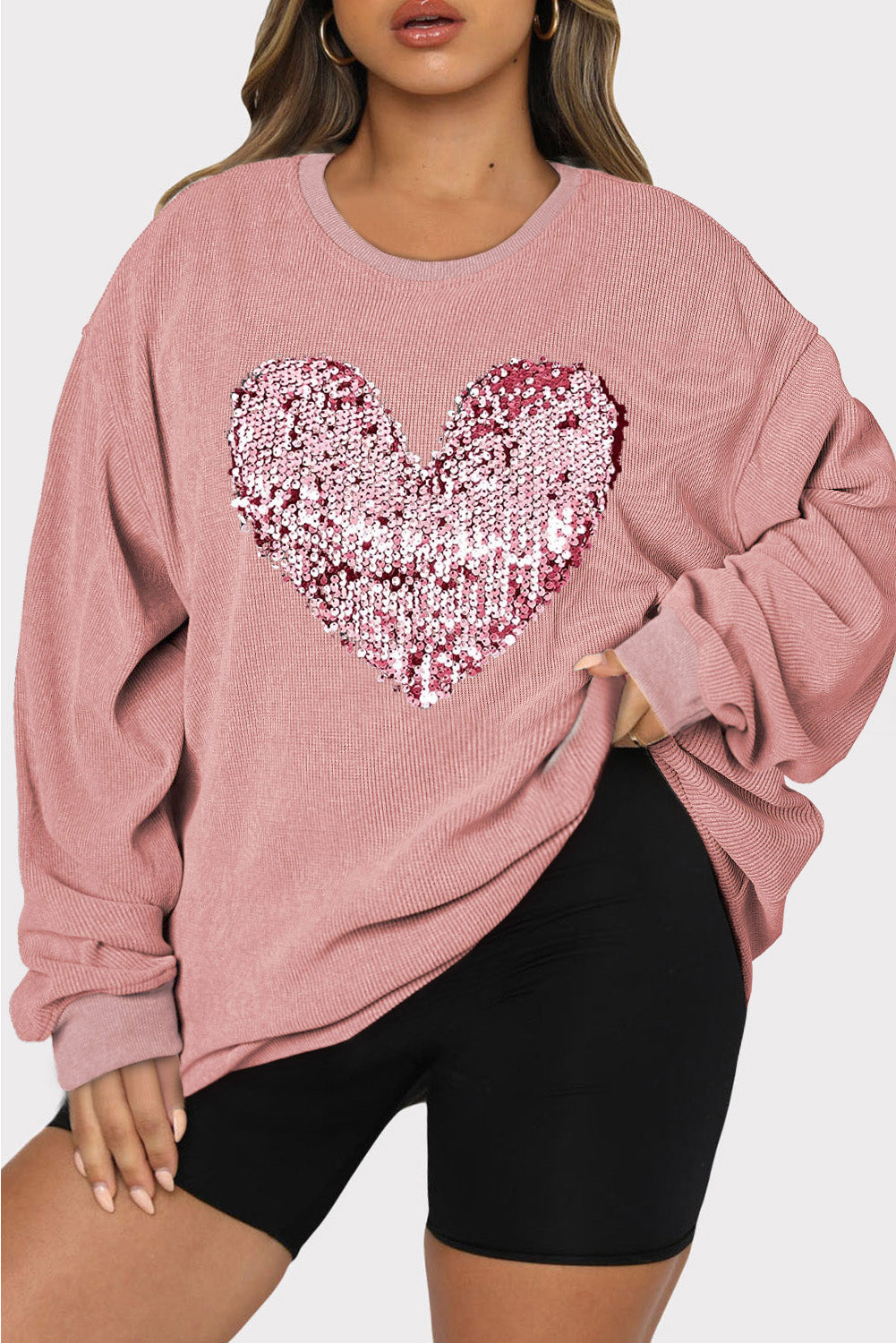 Plus Size Heart Sequin Round Neck Sweatshirt - ClassiQ