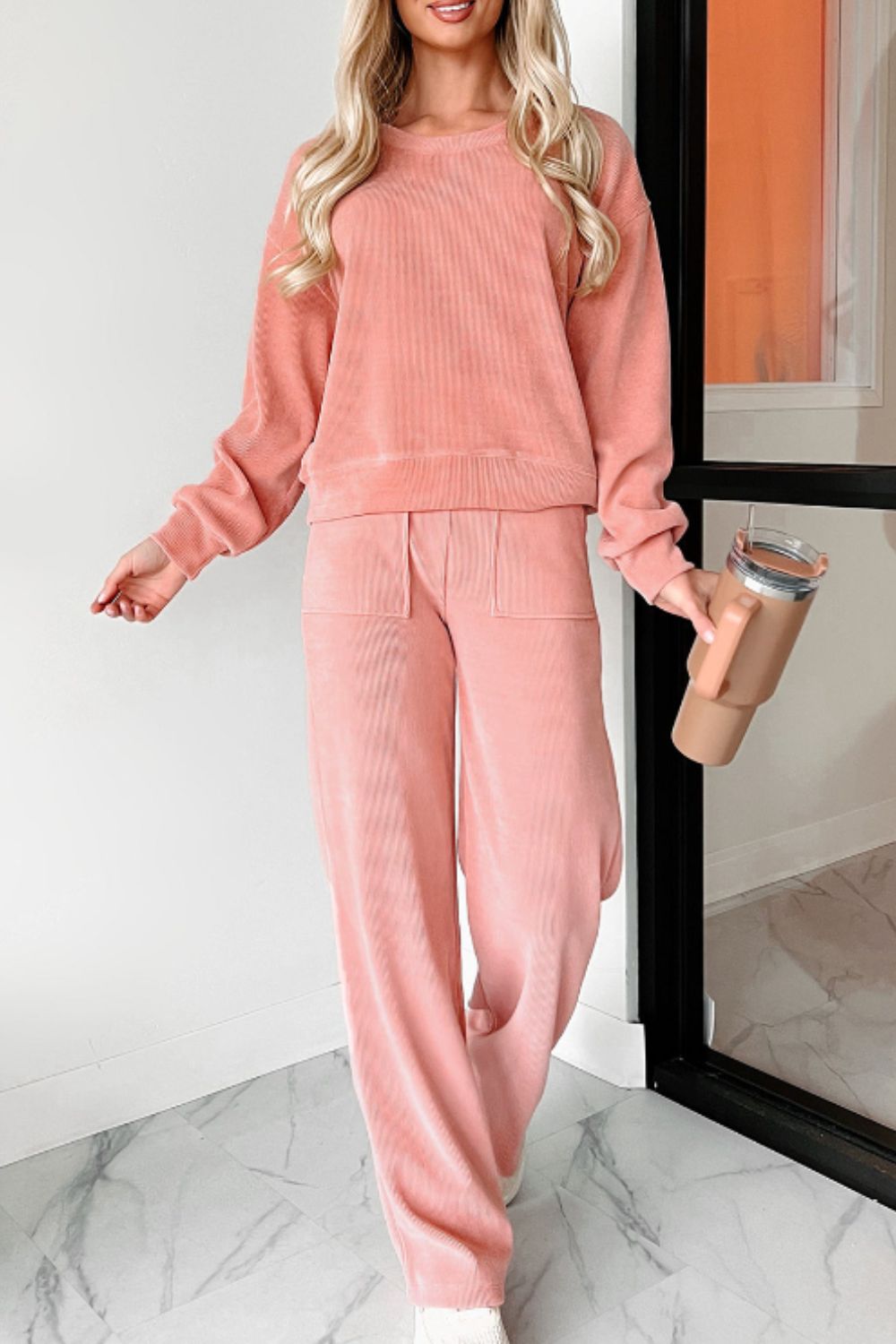 Round Neck Long Sleeve Top and Pants Set - ClassiQ
