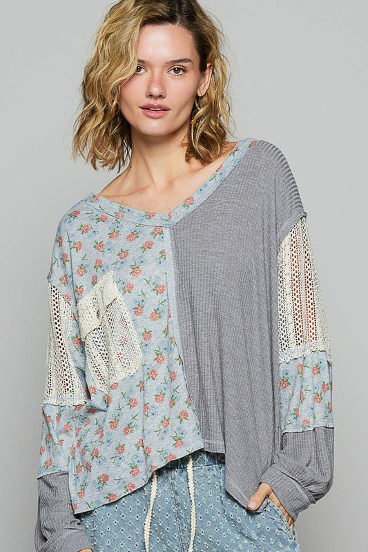 POL Floral Crochet Patch V-Neck Top - Classique Collection