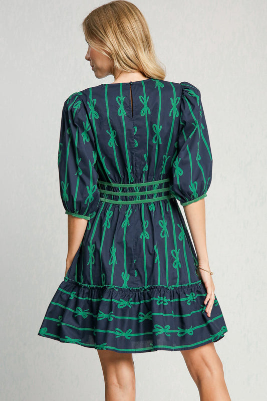 Umgee Ribbon Print Frill Contrast Velvet Trim Half Sleeve Dress - Classique Collection