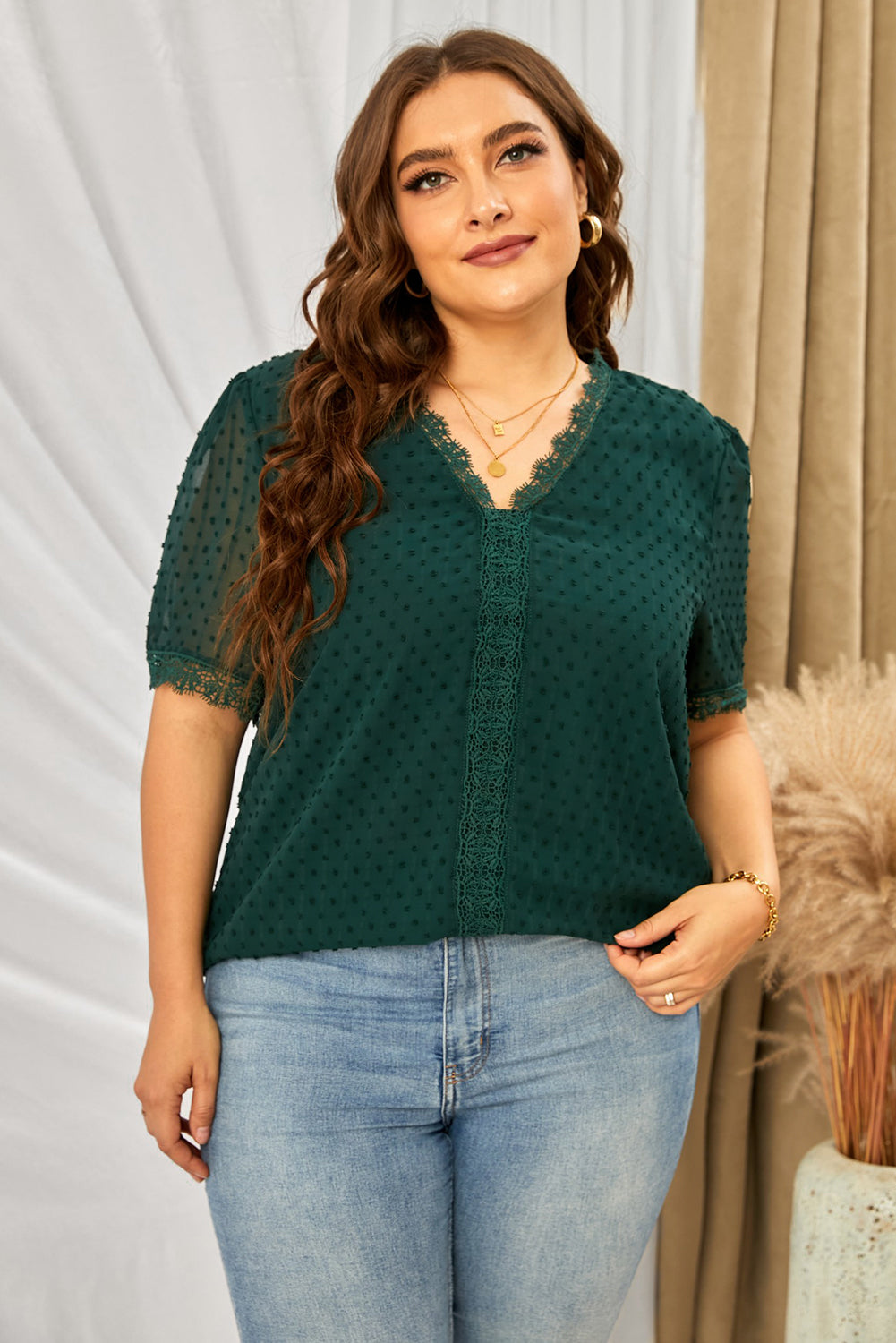 Plus Size Swiss Dot Spliced Lace V-Neck Blouse - Classique Collection