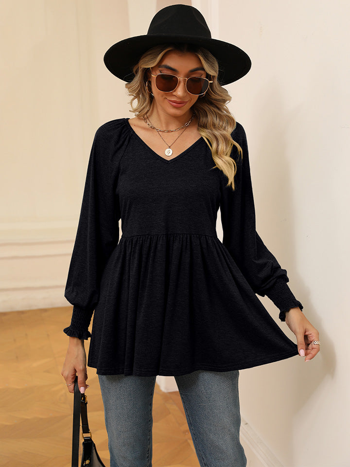 V-Neck Lantern Sleeve Blouse - Classique Collection