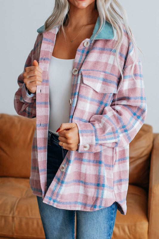 Plaid Collared Neck Flap Pockets Shacket - Classique Collection