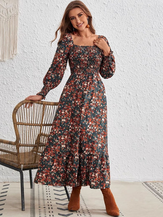 Smocked Floral Square Neck Long Sleeve Dress - Classique Collection