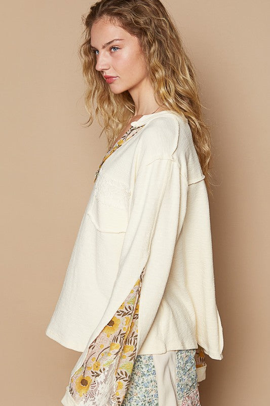POL Lace Detail Flower Printed V-Neck Knit Top - Classique Collection