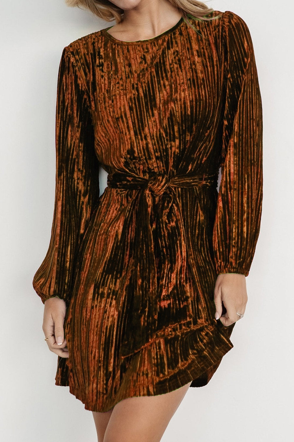 Velvet Round Neck Tie Waist Long Sleeve Mini Dress - Classique Collection