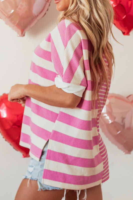 High-Low Striped Round Neck Short Sleeve T-Shirt - Classique Collection