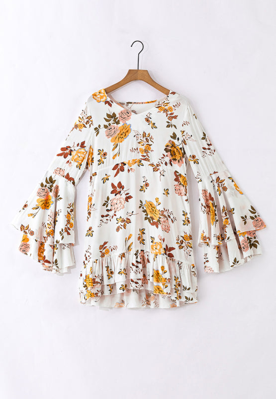 Printed V-Neck Flare Sleeve Mini Dress - Classique Collection