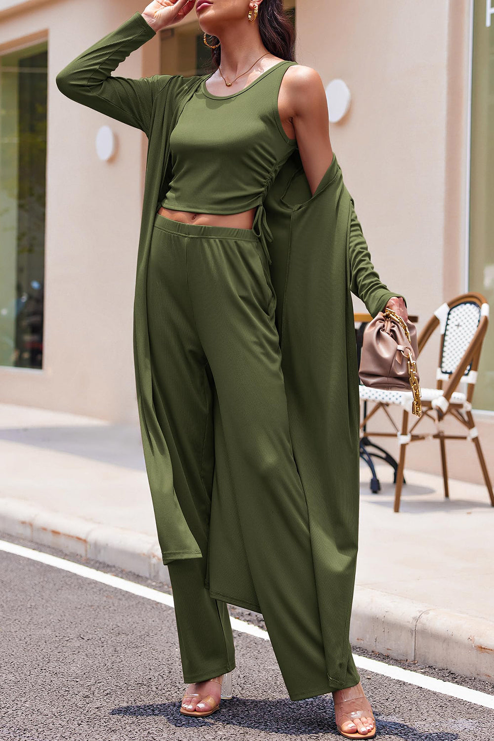 Drawstring Tank, Long Sleeve Cover Up and Pants Set - ClassiQ