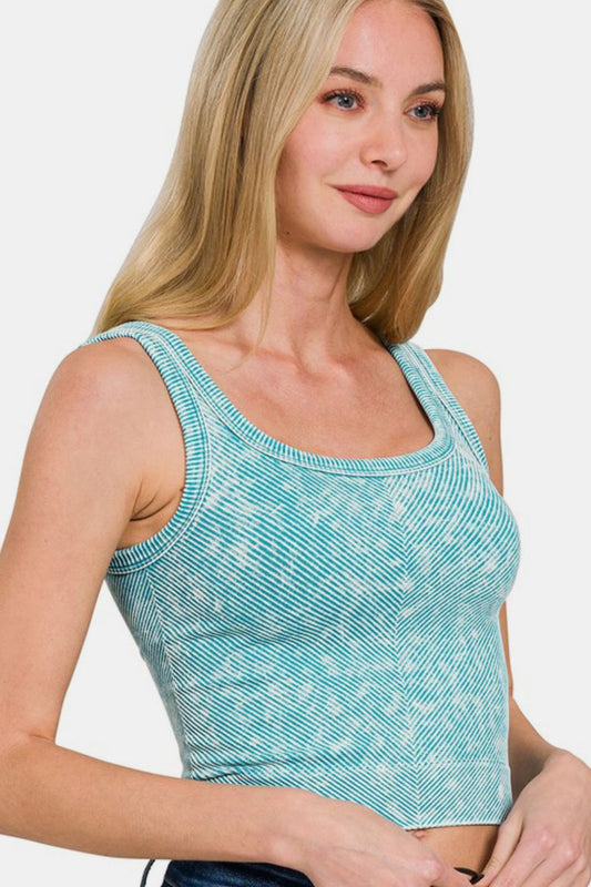 Zenana Washed Ribbed Scoop Neck Wide Strap Tank - Classique Collection