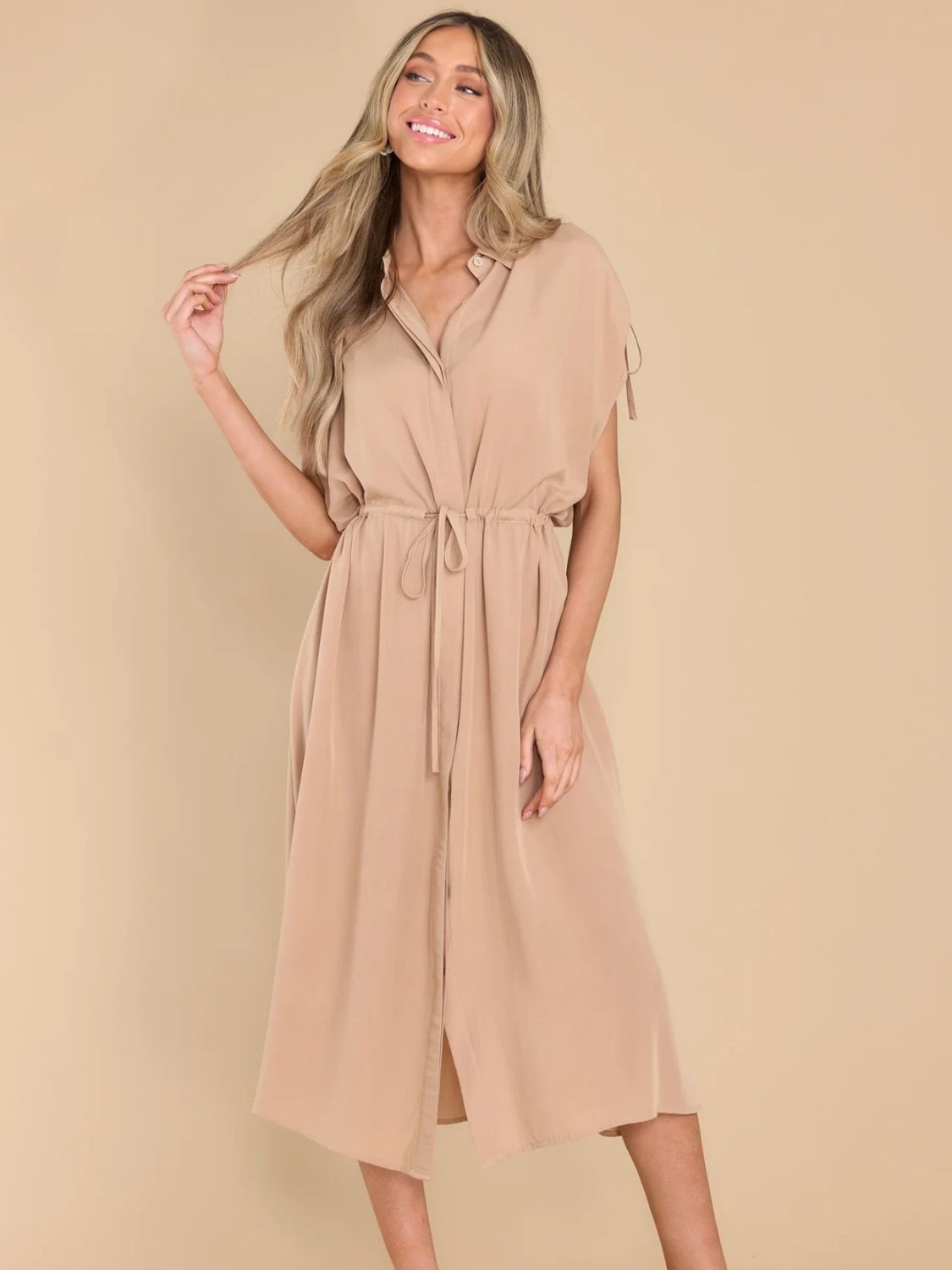 Drawstring Collared Neck Short Sleeve Midi Dress - Classique Collection
