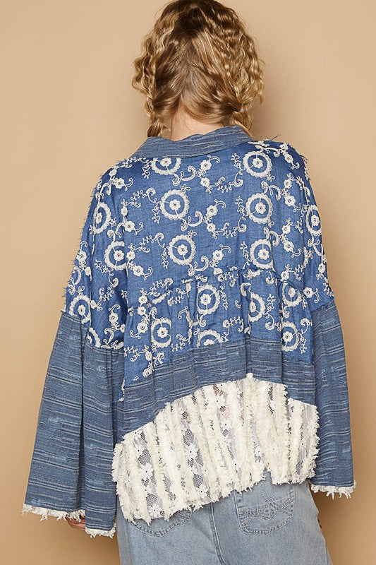 POL Lace Hem Embroidered Long Sleeve Shirt - Classique Collection