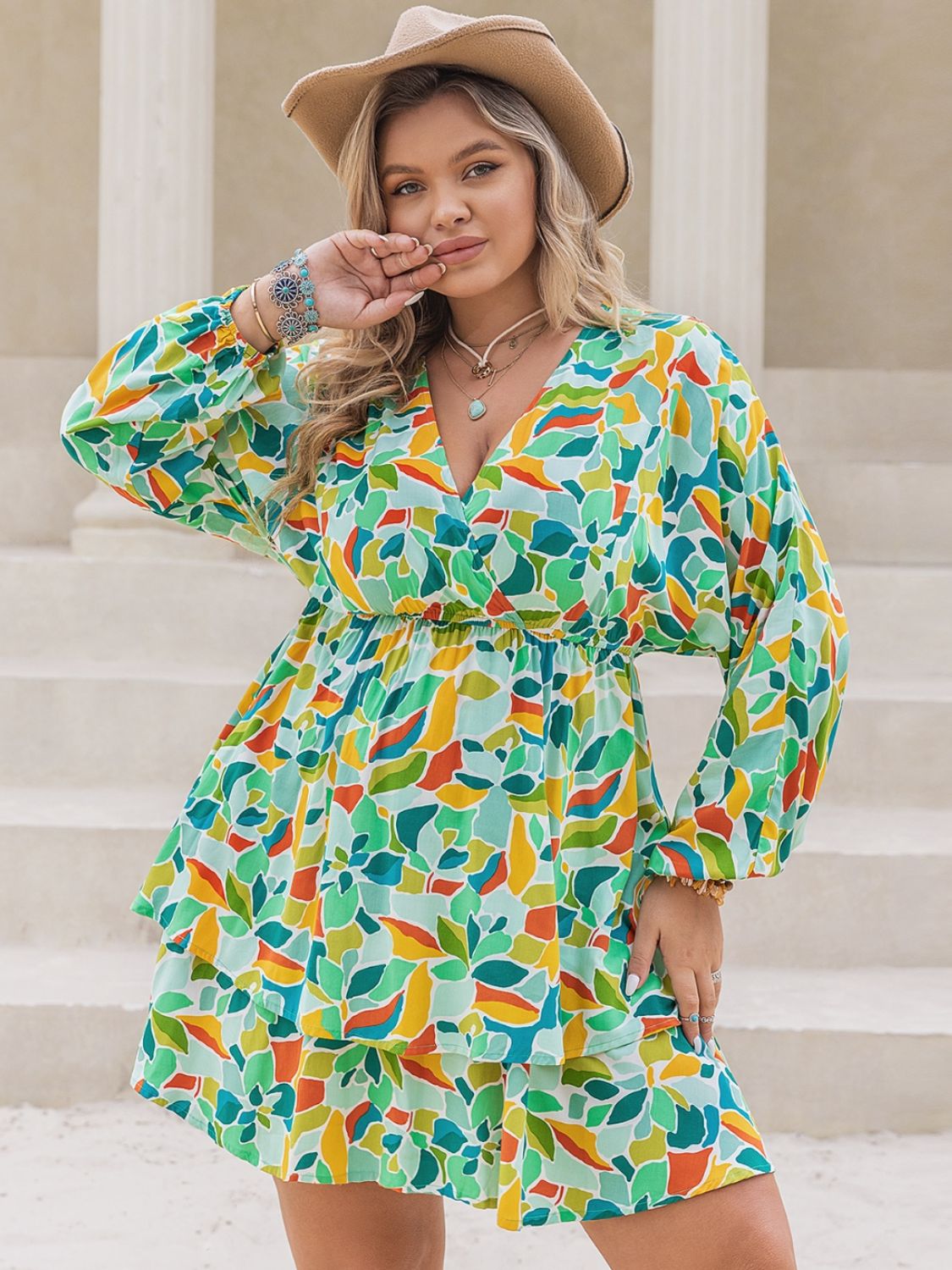 Plus Size Printed Surplice Long Sleeve Mini Dress - Classique Collection