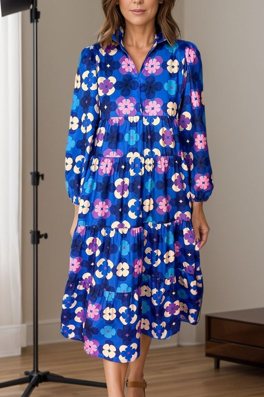 Printed Collared Neck Long Sleeve Midi Dress - Classique Collection
