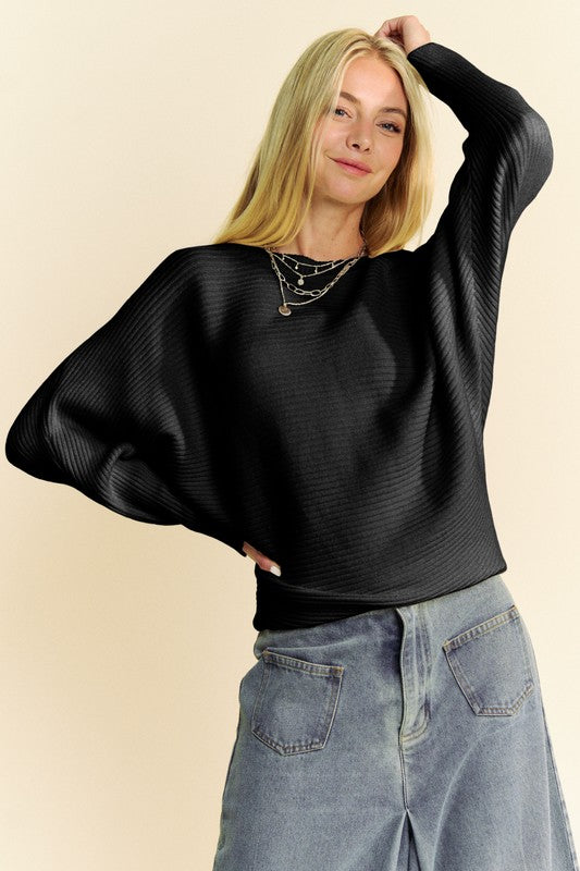 Davi & Dani Round Neck Batwing Sleeve Sweater - ClassiQ