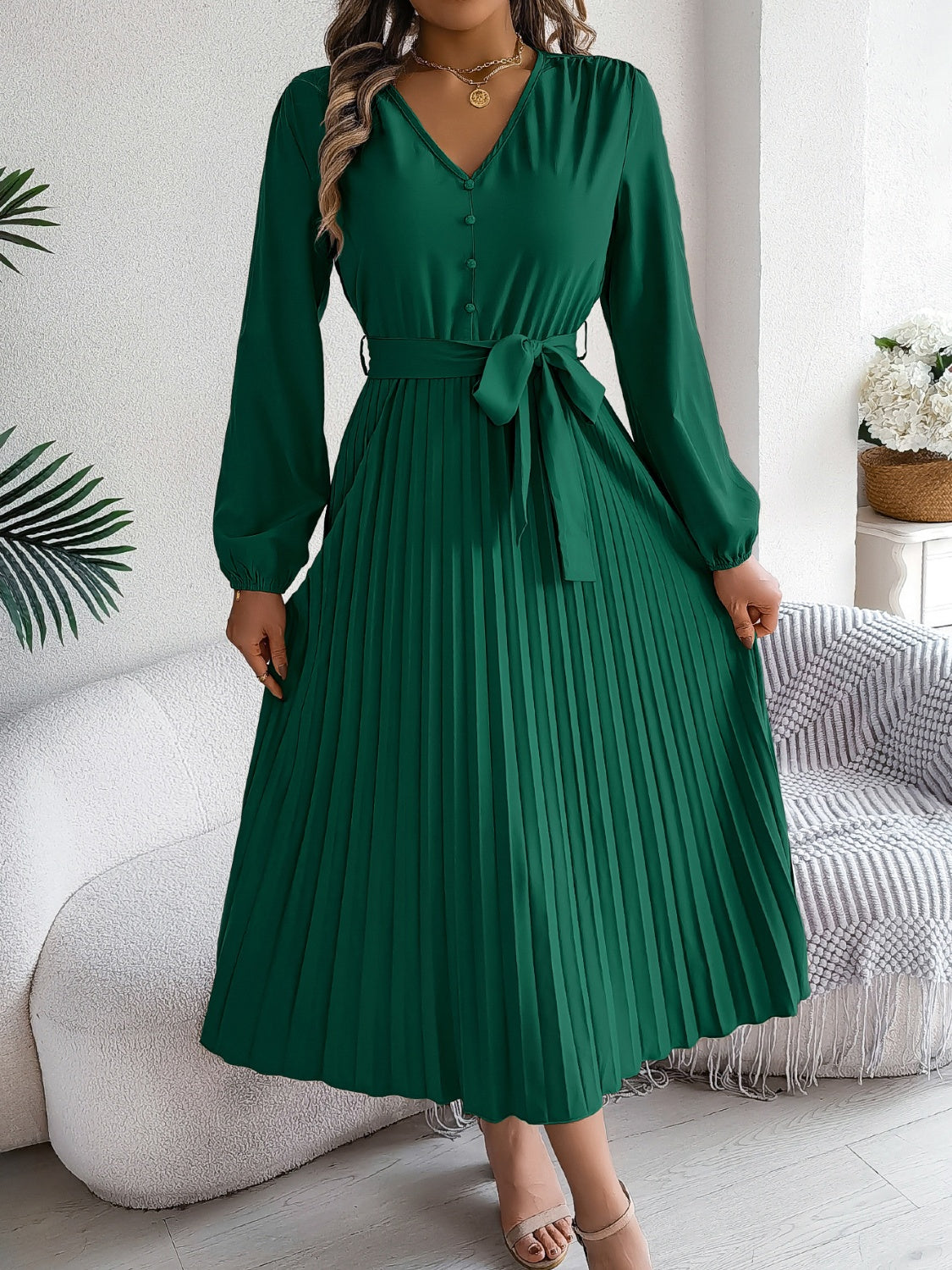 Pleated Tied V-Neck Long Sleeve Dress - Classique Collection