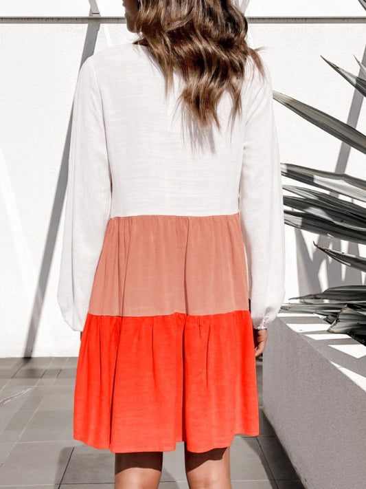Contrast Round Neck Long Sleeve Dress - Classique Collection