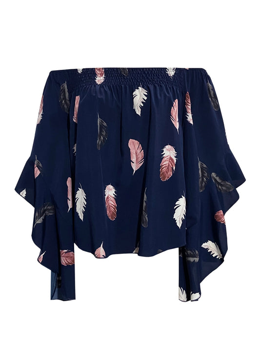 Feather Print Smocked Off-Shoulder Blouse - ClassiQ