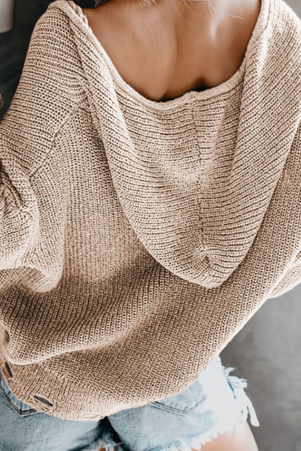 Distressed Zip Up Drawstring Hooded Cardigan - ClassiQ