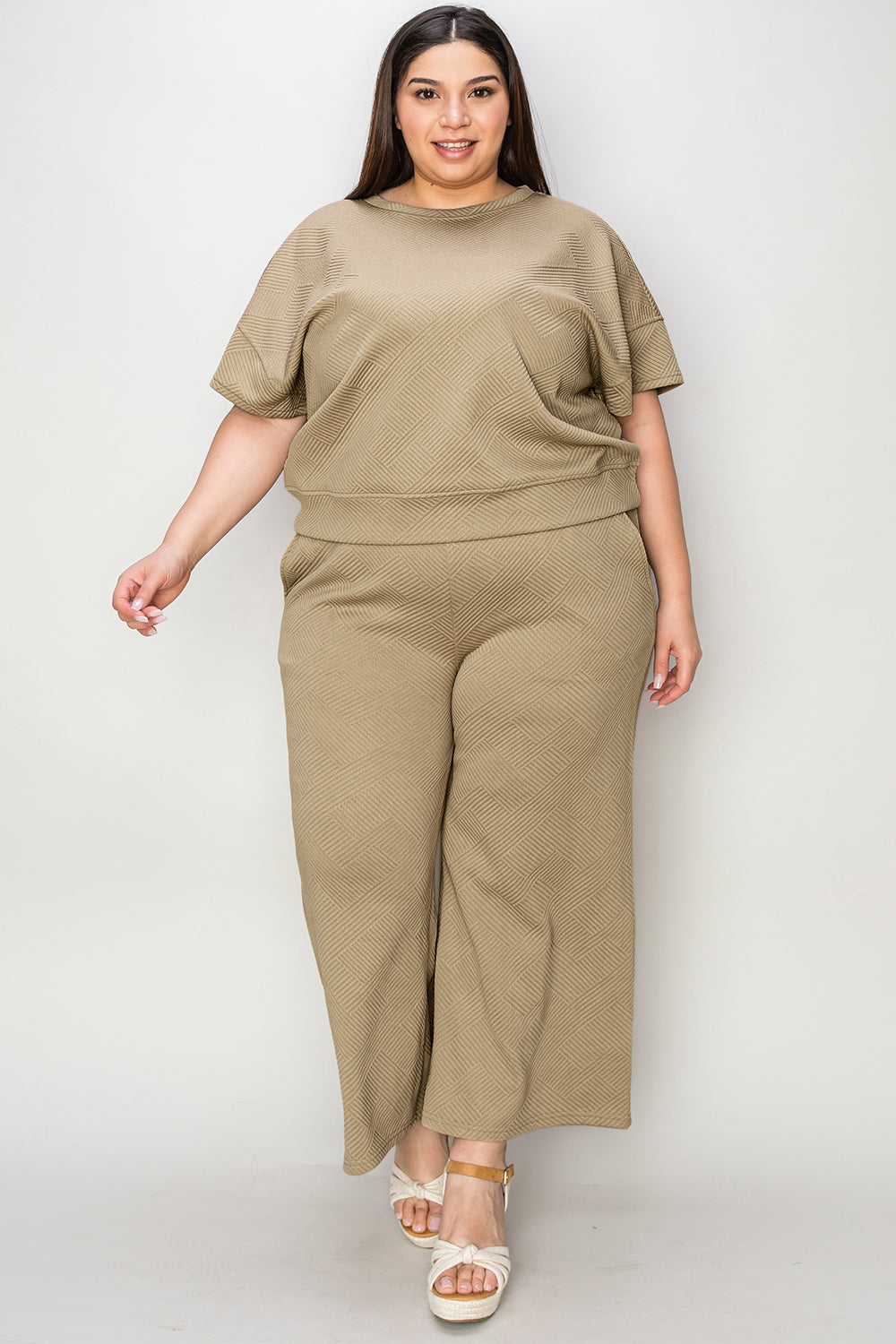 Double Take Full Size Texture Short Sleeve Top and Pants Set - ClassiQ