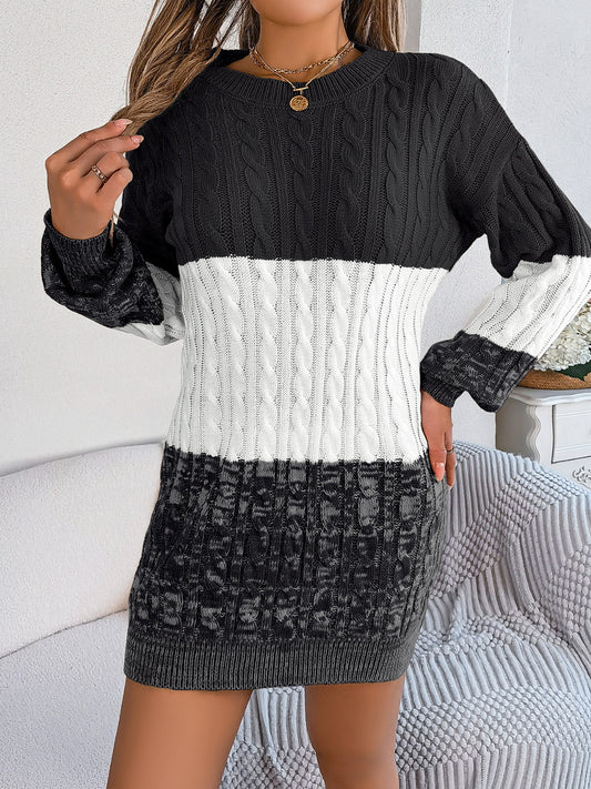 Cable-Knit Round Neck Color Block Sweater Dress - Classique Collection