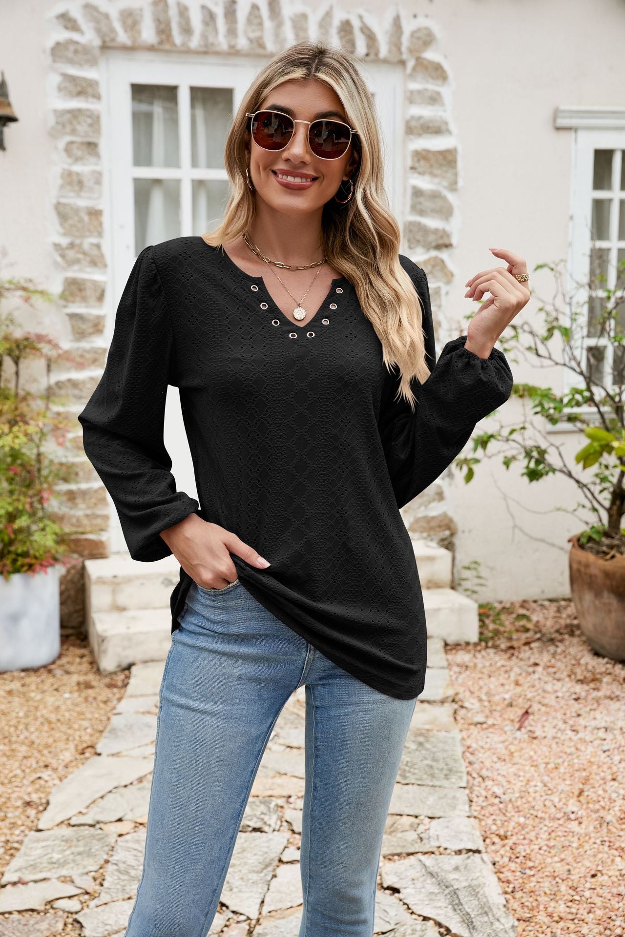 Eyelet Notched Neck Balloon Sleeve Blouse - Classique Collection