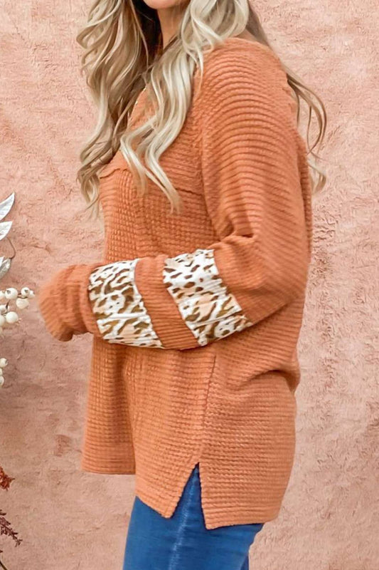 Waffle-Knit Leopard Long Sleeve Slit Blouse - Classique Collection