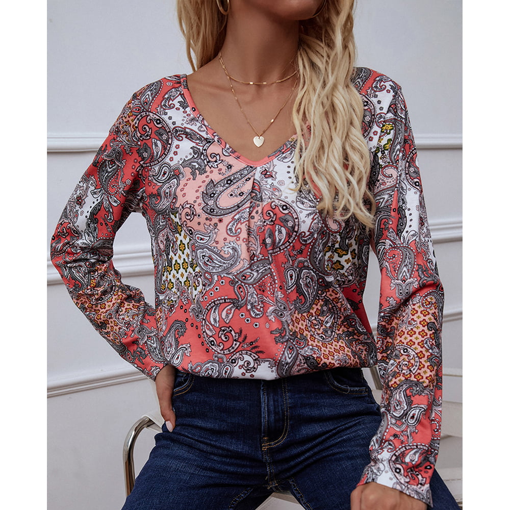 Shiny Printed V-Neck Long Sleeve Blouse - ClassiQ