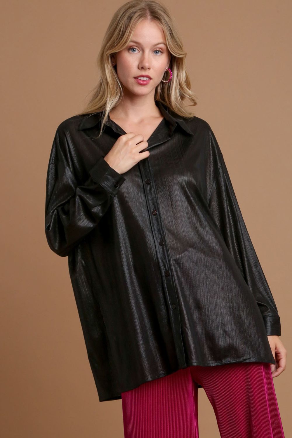 Umgee Side Slit Button Up Long Sleeve Shirt - Classique Collection