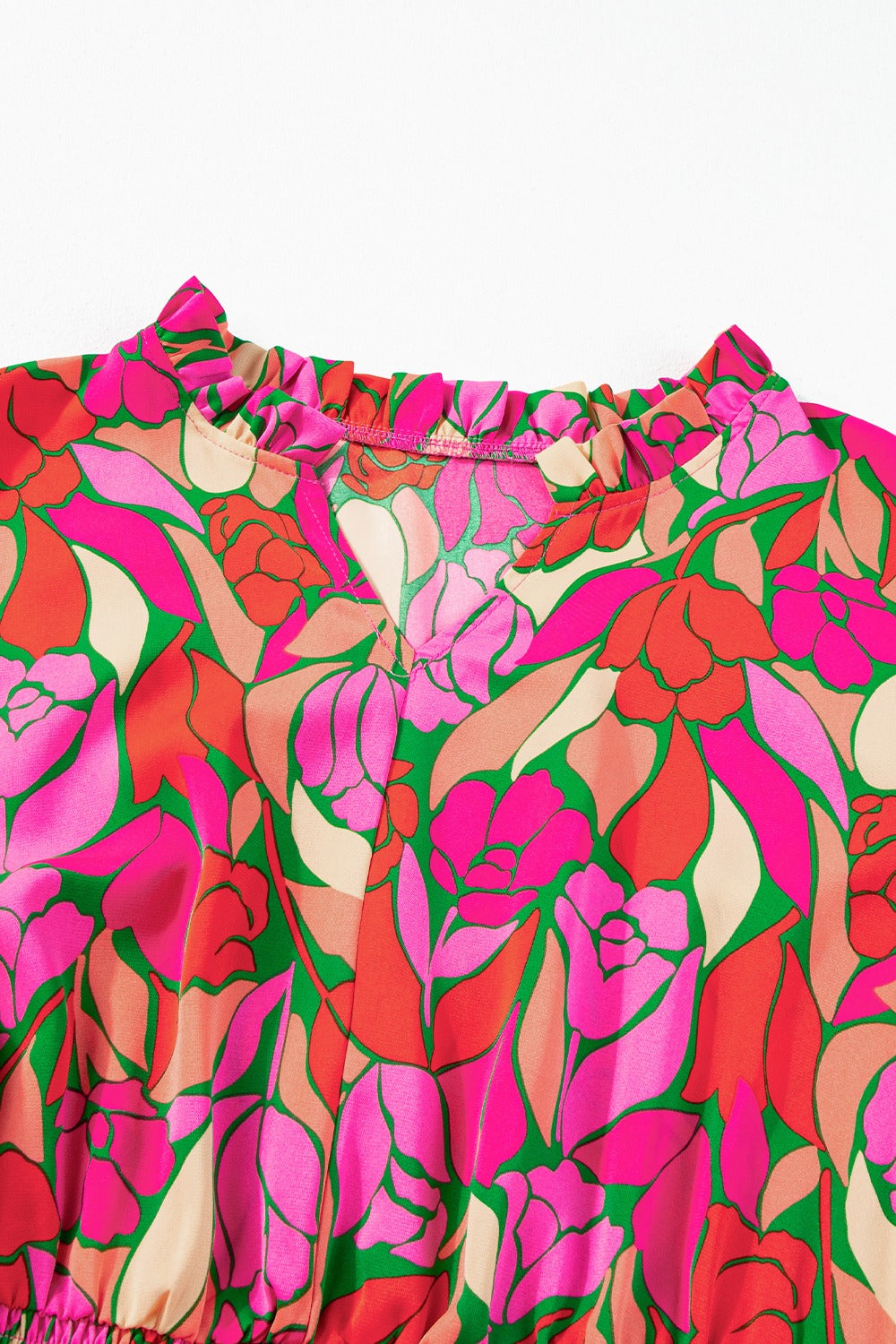 Frill Printed Notched Short Sleeve Midi Dress - Classique Collection