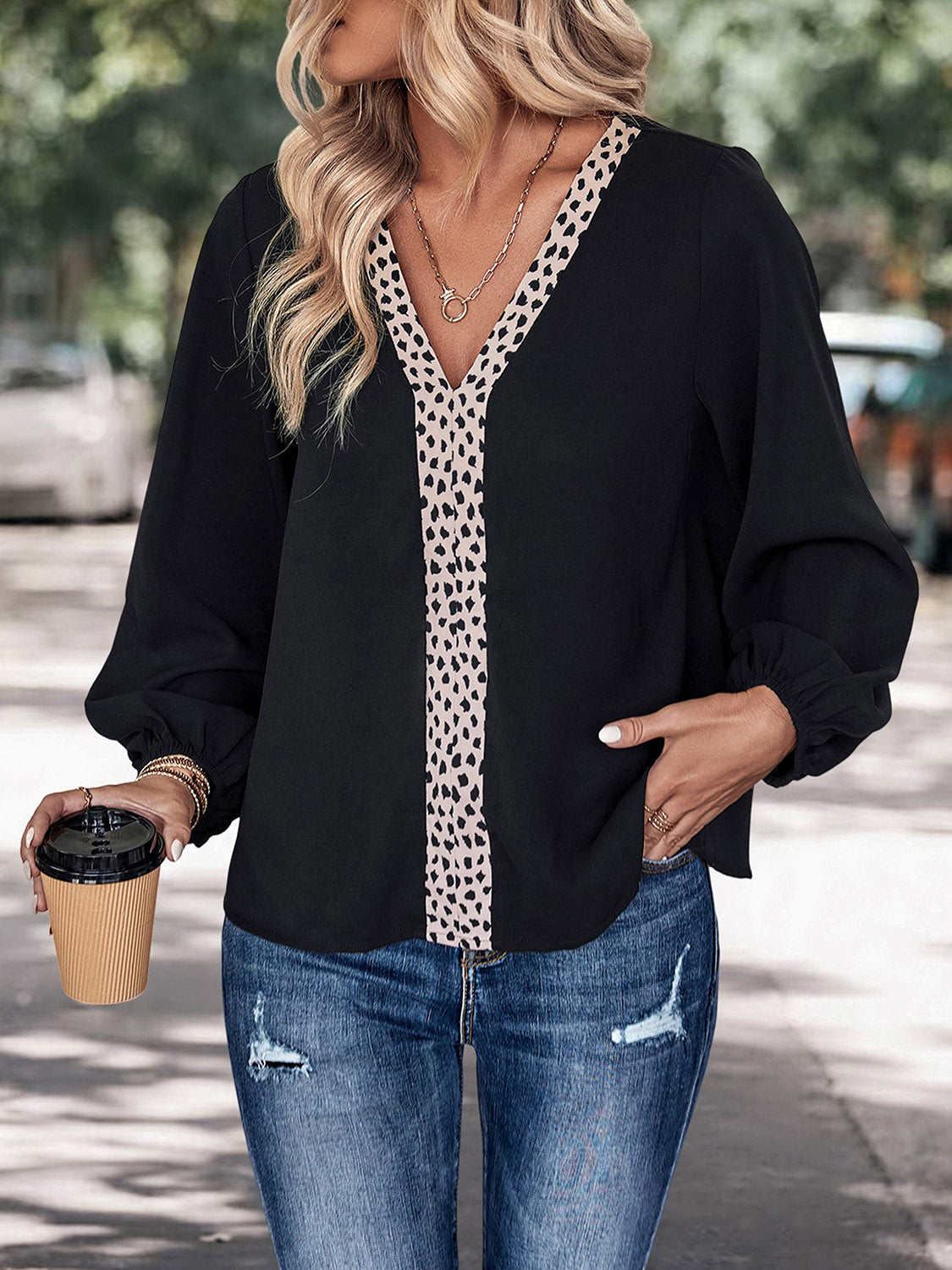 Perfee Contrast V-Neck Long Sleeve Blouse - Classique Collection