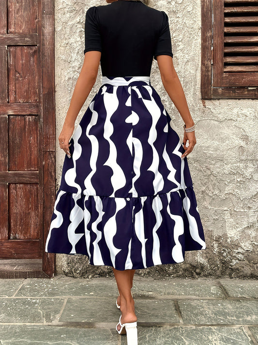Printed Round Neck Short Sleeve Midi Dress - Classique Collection