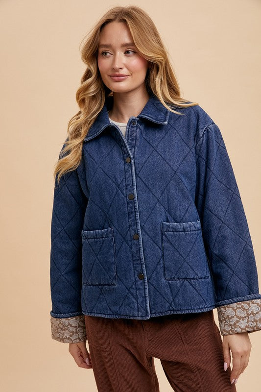 Annie Wear Quilted Printed Lining Snap Down Denim Jacket - ClassiQ