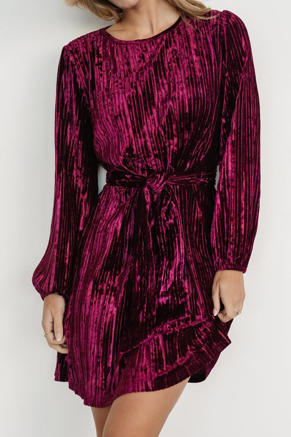 Velvet Round Neck Tie Waist Long Sleeve Mini Dress - Classique Collection